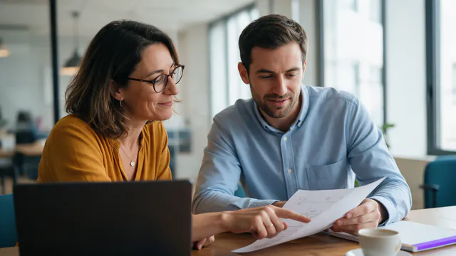 Formatrice et commercial relisent ensemble les phrases travaillées avec un tuteur IA en anglais