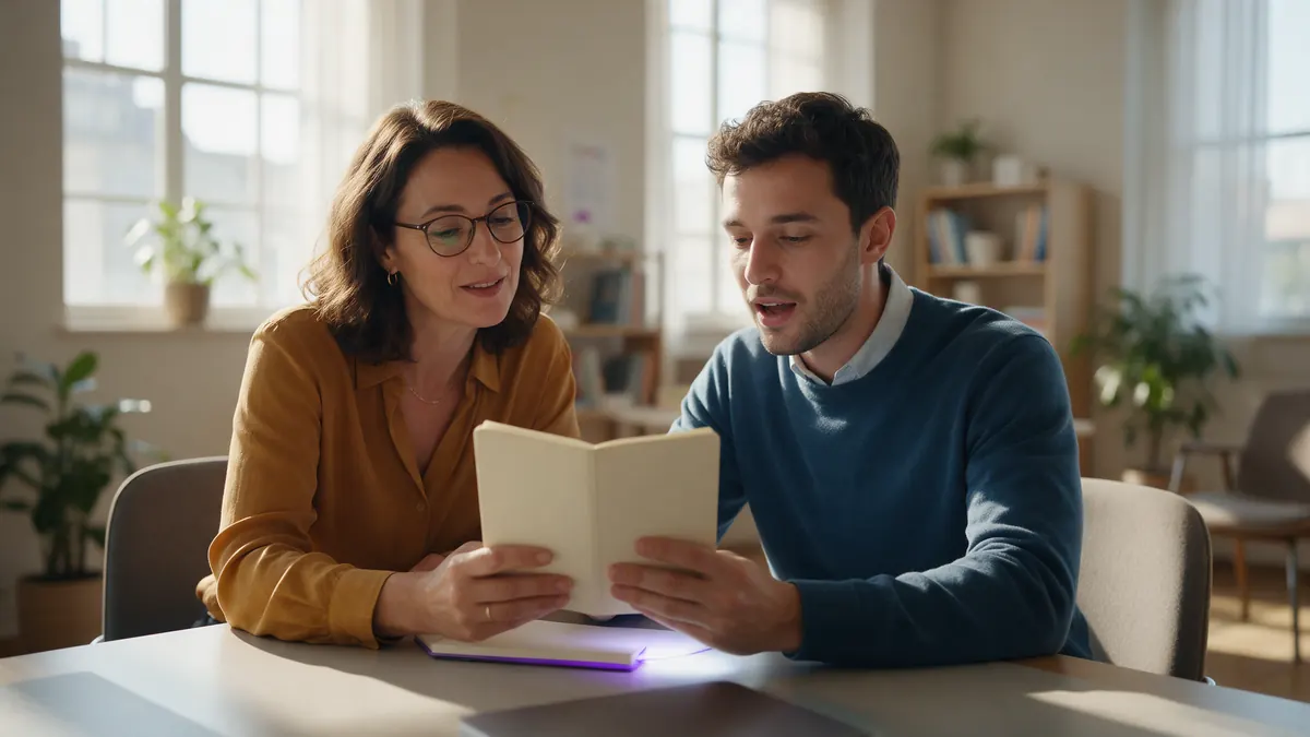 Responsable formation et commercial préparent une formation anglais entreprise : tarif et suivi du parcours