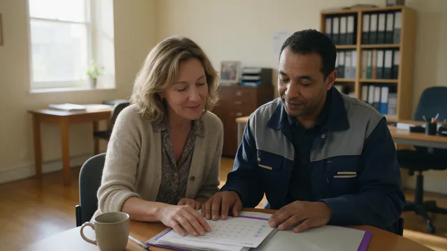 Responsable RH et salarié relisent un calendrier de formation : pour un salarié étranger, obligation employeur et droits au français se lisent dans la loi de 2024