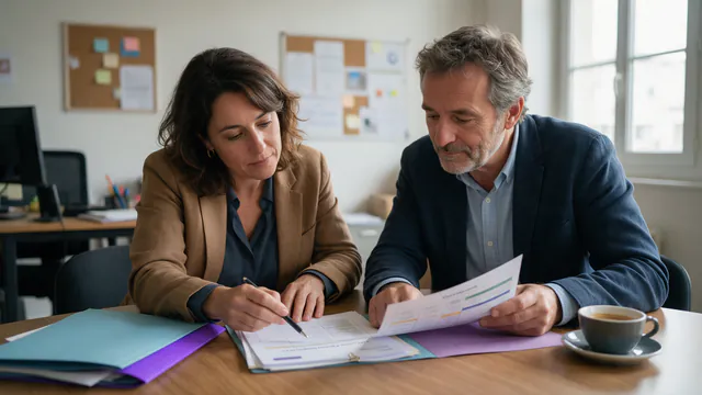 Dirigeant et responsable RH d'une PME préparent un dossier de formation anglais OPCO autour d'une table