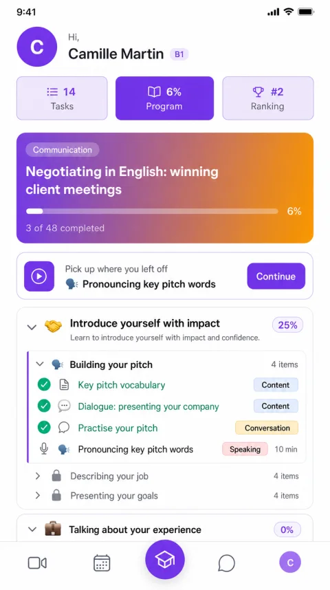 Home screen of the Alyx app: current study programme and next lesson
