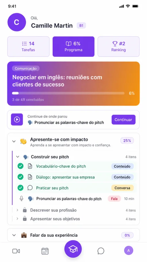 Tela inicial do aplicativo Alyx: programa de estudos em andamento e próxima aula