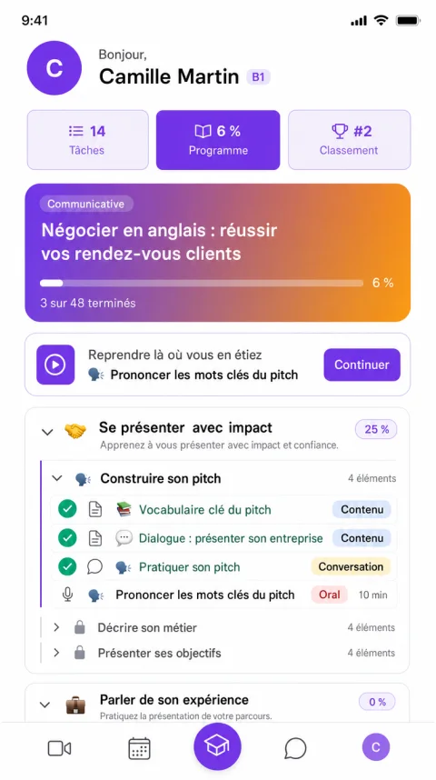 Écran d'accueil de l'application Alyx : plan d'études en cours et prochaine leçon
