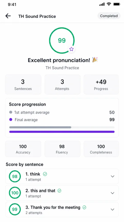 Pronunciation screen of the Alyx app: overall score, progress and score per sentence