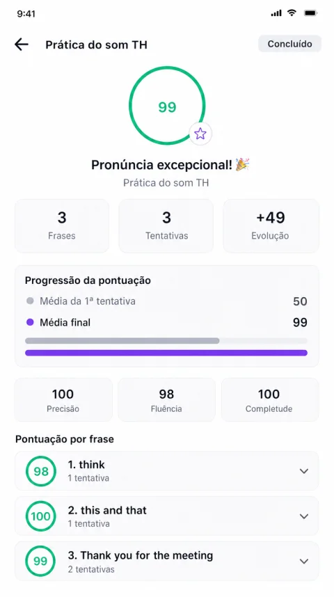 Tela de pronúncia do aplicativo Alyx: pontuação geral, progresso e pontuação por frase