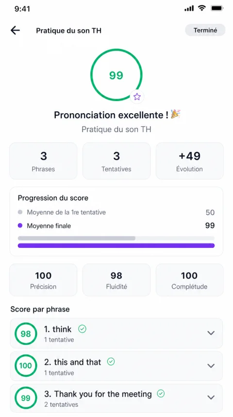 Écran de prononciation de l'application Alyx : score global, progression et score par phrase