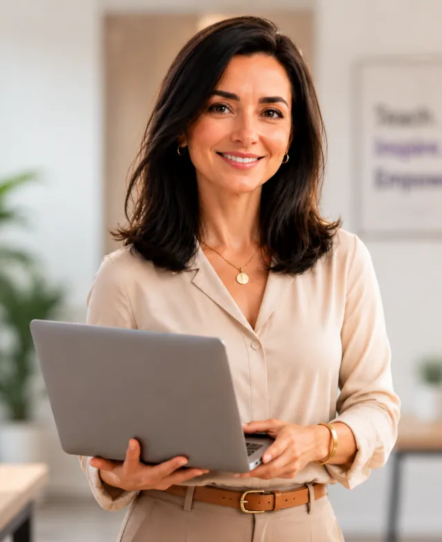 Professora da Alyx sorrindo, com um notebook na mão