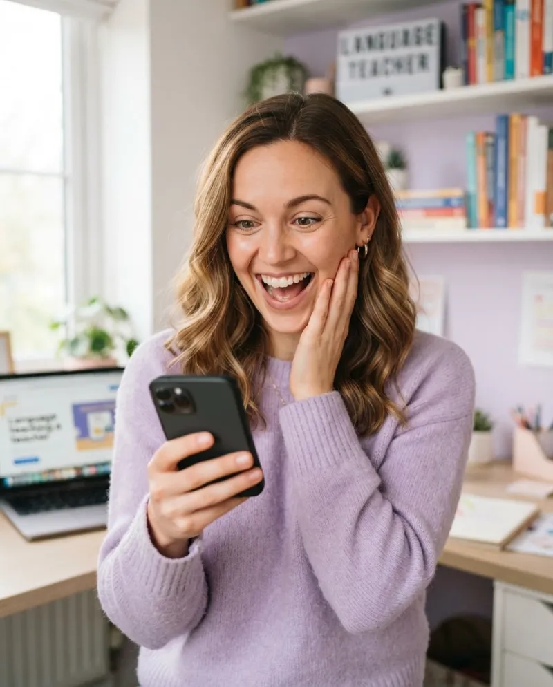 Une professeure de langues ravie qui regarde son téléphone et voit les premières ventes de son produit