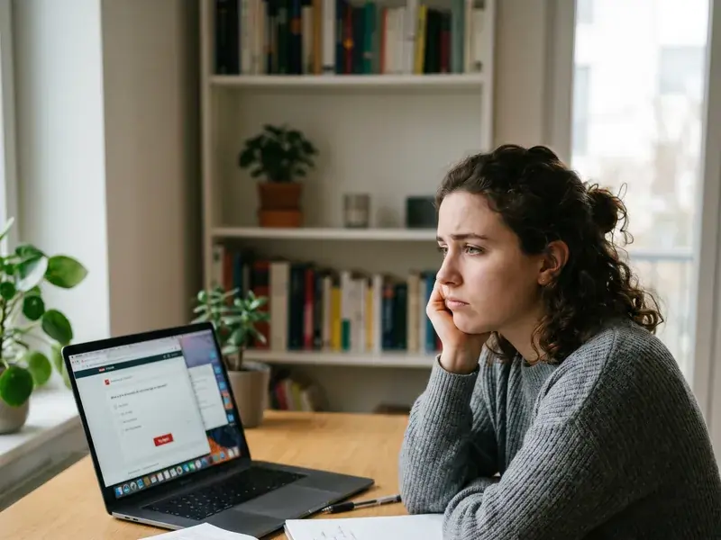Professora de idiomas frustrada e sobrecarregada olhando para o computador