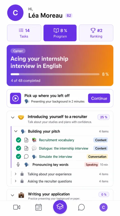 Home screen of the Alyx app for a student: current study plan and next lesson