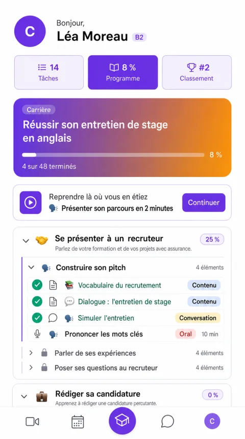 Écran d'accueil de l'application Alyx pour un étudiant : plan d'études en cours et prochaine leçon