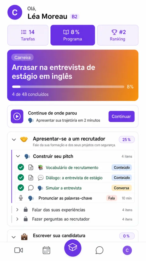 Tela inicial do aplicativo Alyx para um estudante: plano de estudos em andamento e próxima aula