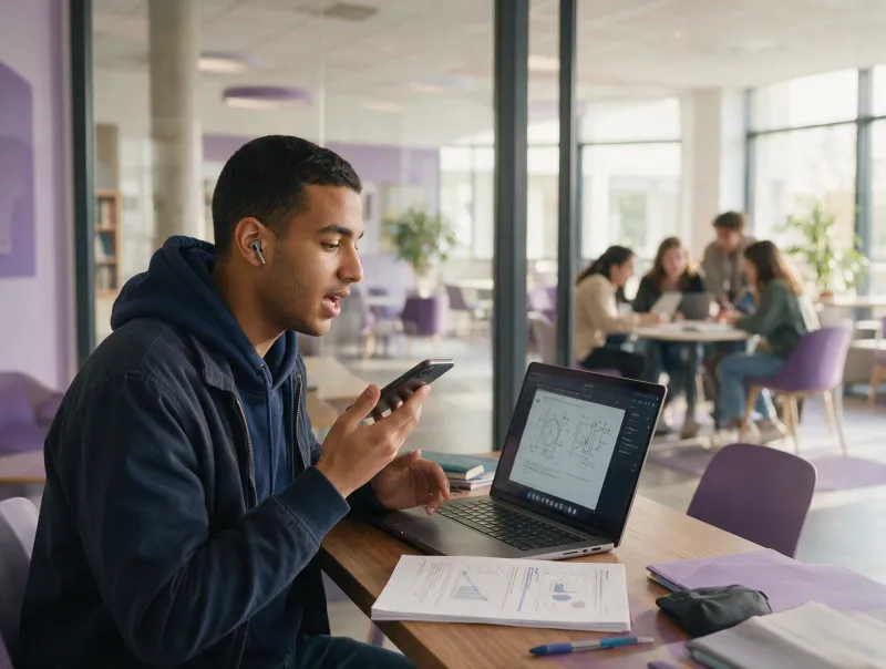 Um estudante de engenharia pratica a conversação no celular diante do notebook, em um espaço de estudos da sua escola